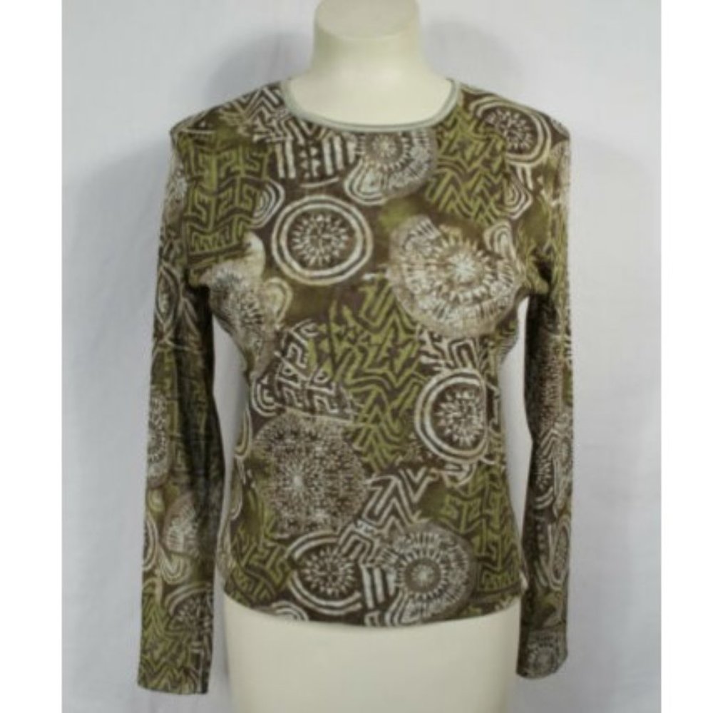 Danier Brown Green Crew Neck Top Tribal Boho M